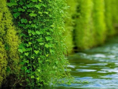 水边绿意，绿萝与水生植物的和谐舞影