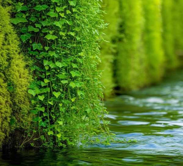 水边绿意，绿萝与水生植物的和谐舞影,水边绿意盎然，绿萝与水边植物的和谐共舞,植物,绿萝,第1张
